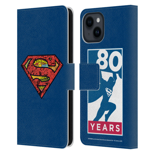 Superman DC Comics 80th Anniversary Logo Leather Book Wallet Case Cover For Apple iPhone 15