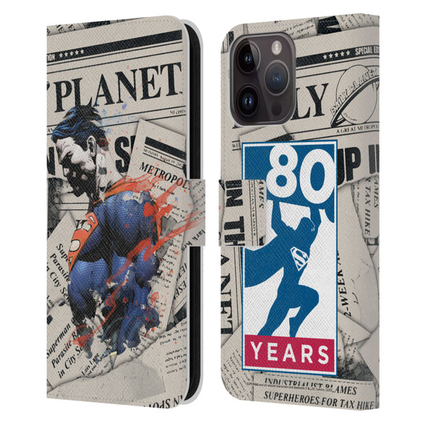 Superman DC Comics 80th Anniversary Newspaper Leather Book Wallet Case Cover For Apple iPhone 15 Pro Max
