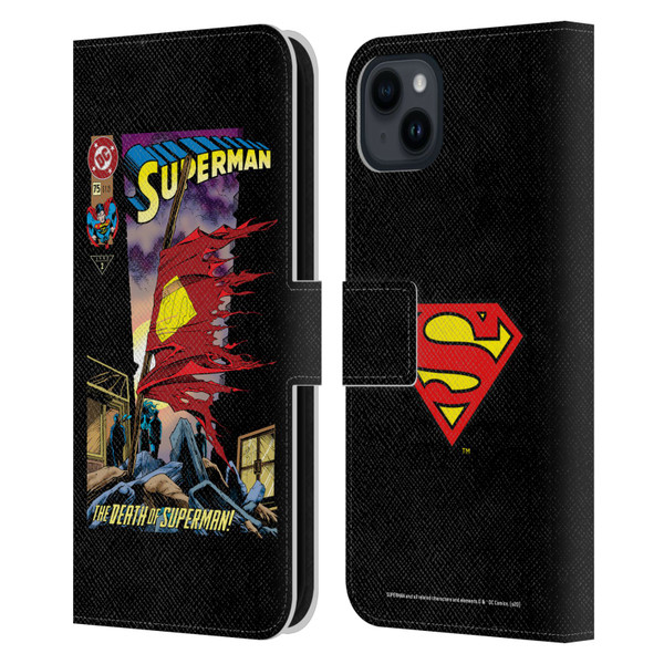 Superman DC Comics Famous Comic Book Covers Death Leather Book Wallet Case Cover For Apple iPhone 15 Plus