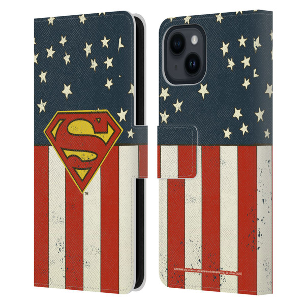 Superman DC Comics Logos U.S. Flag Leather Book Wallet Case Cover For Apple iPhone 15