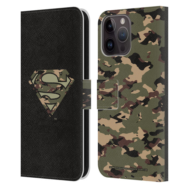 Superman DC Comics Logos Camouflage Leather Book Wallet Case Cover For Apple iPhone 15 Pro Max