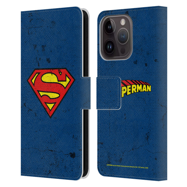 Superman DC Comics Logos Distressed Leather Book Wallet Case Cover For Apple iPhone 15 Pro