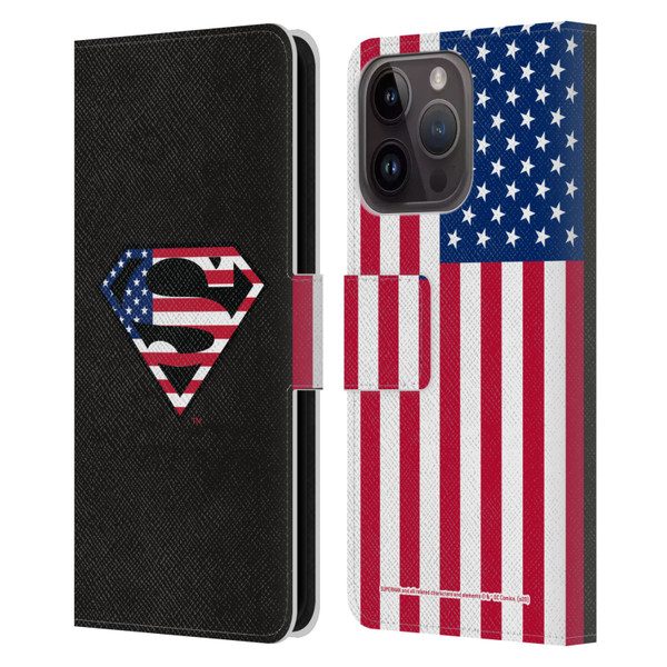 Superman DC Comics Logos U.S. Flag 2 Leather Book Wallet Case Cover For Apple iPhone 15 Pro