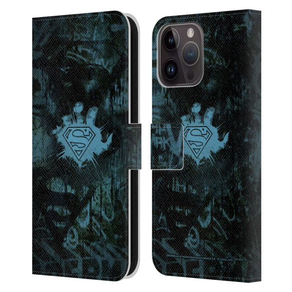 Superman DC Comics Vintage Fashion Graffiti Leather Book Wallet Case Cover For Apple iPhone 15 Pro Max