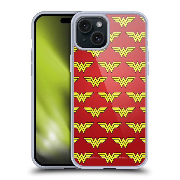 Wonder Woman DC Comics Logos Pattern Soft Gel Case for Apple iPhone 15 Plus