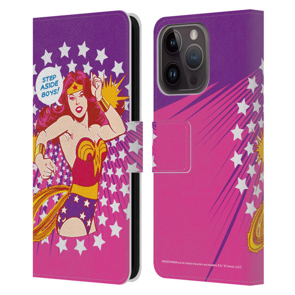Wonder Woman DC Comics Vintage Art Step Aside Leather Book Wallet Case Cover For Apple iPhone 15 Pro
