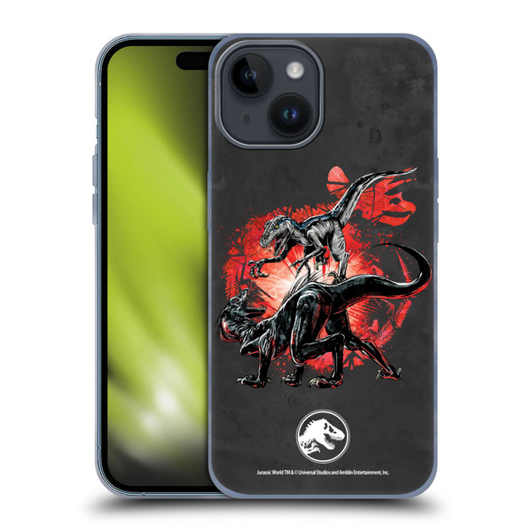 Jurassic World Fallen Kingdom Key Art Raptors Battle Soft Gel Case for Apple iPhone 15