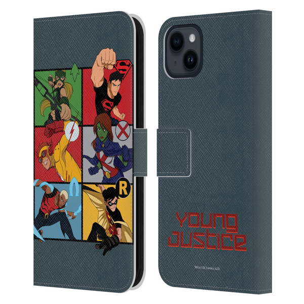 Young Justice Graphics Character Art Leather Book Wallet Case Cover For Apple iPhone 15 Plus