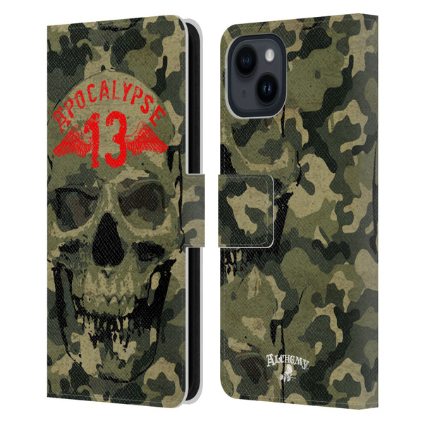 Alchemy Gothic Skull Camo Skull Leather Book Wallet Case Cover For Apple iPhone 15