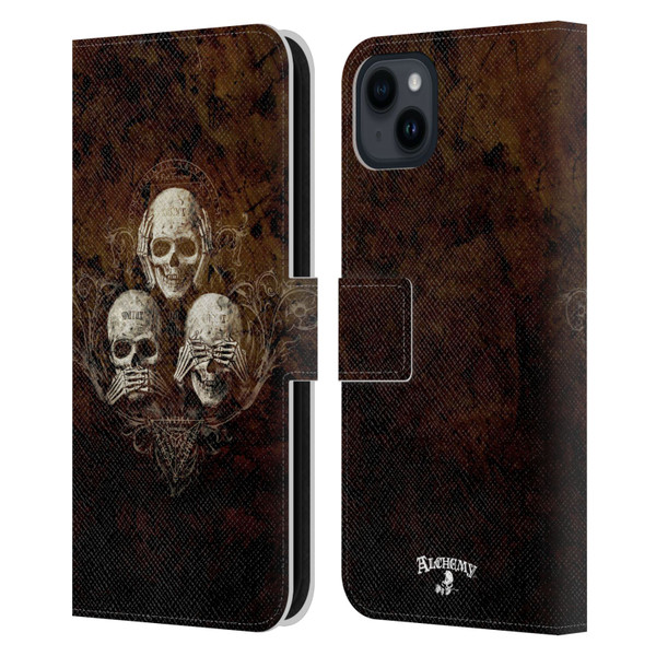 Alchemy Gothic Skull No Evil Three Skull Leather Book Wallet Case Cover For Apple iPhone 15 Plus