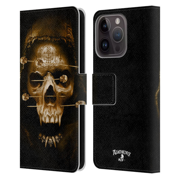 Alchemy Gothic Skull Death Fetish Leather Book Wallet Case Cover For Apple iPhone 15 Pro