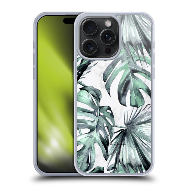 Nature Magick Tropical Palm Leaves On Marble Turquoise Green Island Soft Gel Case for Apple iPhone 15 Pro Max