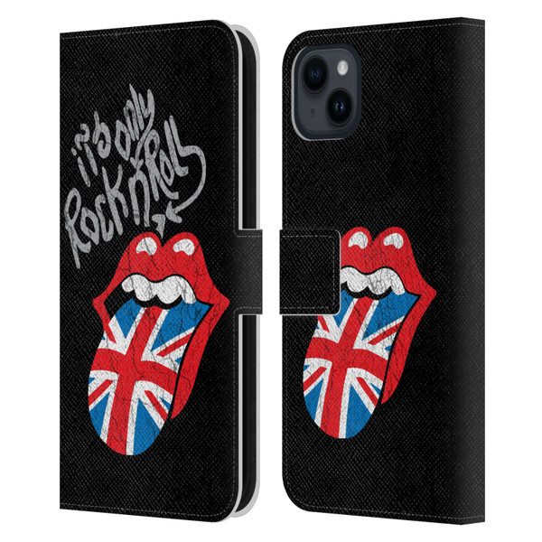 The Rolling Stones Albums Only Rock And Roll Distressed Leather Book Wallet Case Cover For Apple iPhone 15 Plus