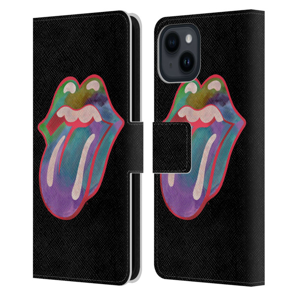 The Rolling Stones Graphics Watercolour Tongue Leather Book Wallet Case Cover For Apple iPhone 15