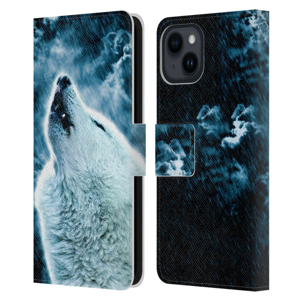 Simone Gatterwe Animals 2 Howling Wolf Leather Book Wallet Case Cover For Apple iPhone 15