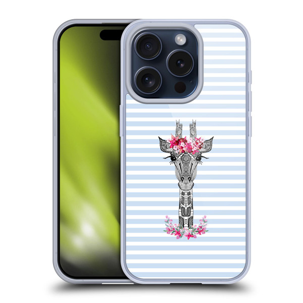 Monika Strigel Flower Giraffe And Stripes Blue Soft Gel Case for Apple iPhone 15 Pro
