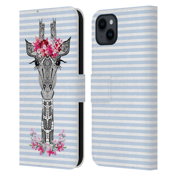 Monika Strigel Flower Giraffe And Stripes Blue Leather Book Wallet Case Cover For Apple iPhone 15 Plus
