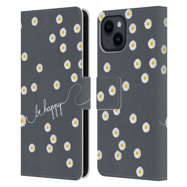 Monika Strigel Happy Daisy Grey Leather Book Wallet Case Cover For Apple iPhone 15