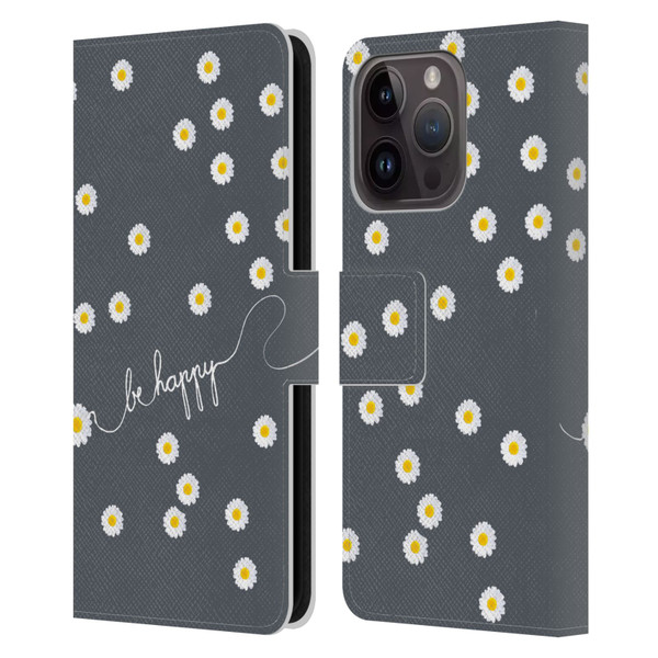 Monika Strigel Happy Daisy Grey Leather Book Wallet Case Cover For Apple iPhone 15 Pro