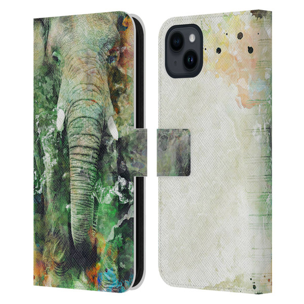 Riza Peker Animals Elephant Leather Book Wallet Case Cover For Apple iPhone 15 Plus