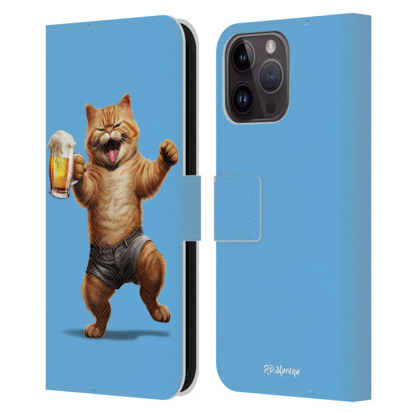 P.D. Moreno Furry Fun Artwork Cat Beer Leather Book Wallet Case Cover For Apple iPhone 15 Pro Max