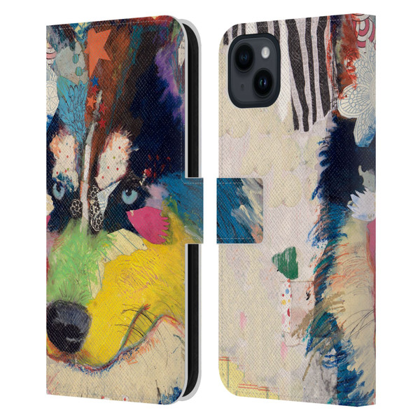 Michel Keck Dogs Husky Leather Book Wallet Case Cover For Apple iPhone 15 Plus