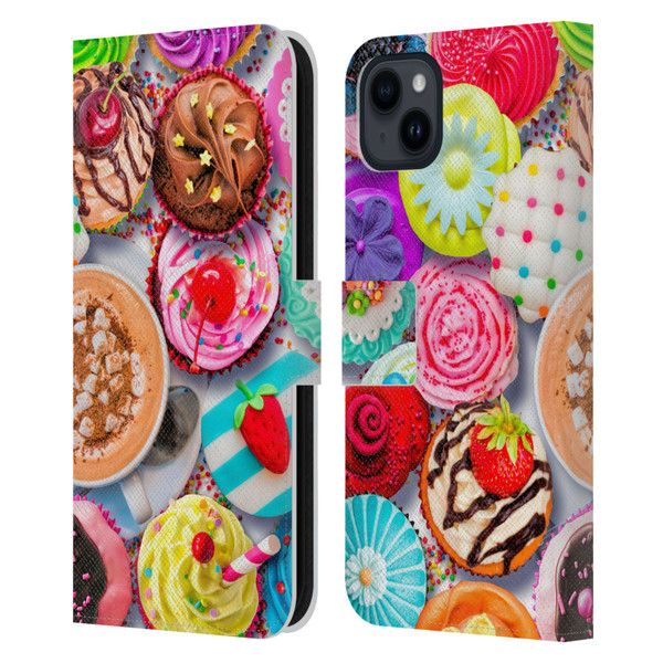 Aimee Stewart Colourful Sweets Cupcakes And Cocoa Leather Book Wallet Case Cover For Apple iPhone 15 Plus