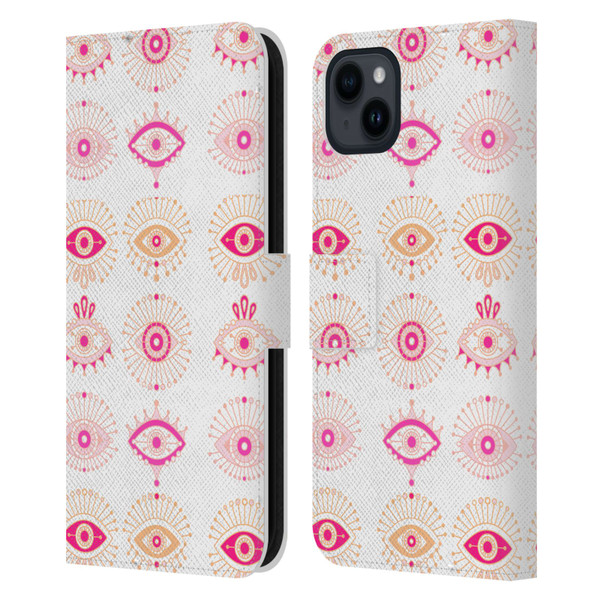 Cat Coquillette Linear Pink Evil Eyes Leather Book Wallet Case Cover For Apple iPhone 15 Plus