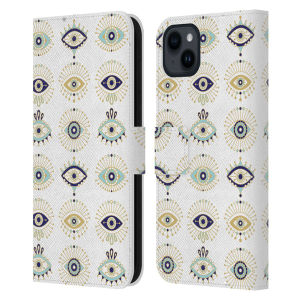 Cat Coquillette Linear White Evil Eyes Pattern Leather Book Wallet Case Cover For Apple iPhone 15 Plus