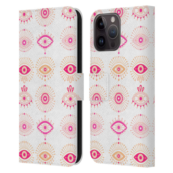 Cat Coquillette Linear Pink Evil Eyes Leather Book Wallet Case Cover For Apple iPhone 15 Pro Max