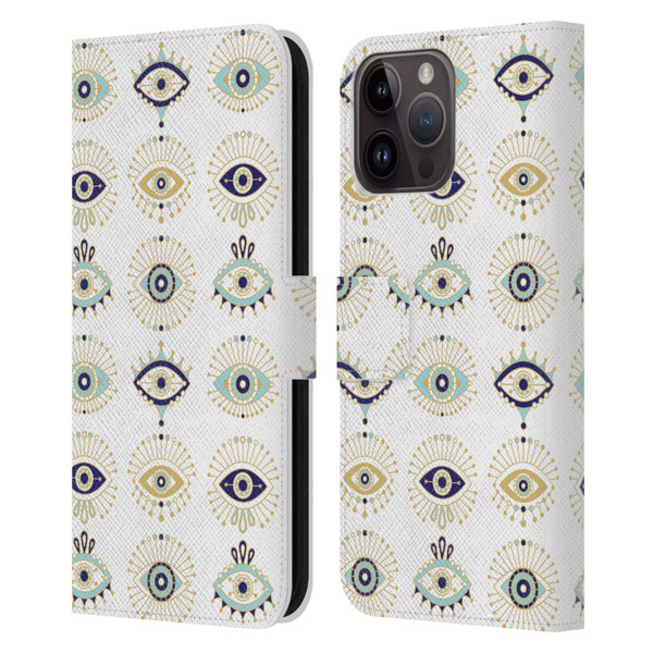 Cat Coquillette Linear White Evil Eyes Pattern Leather Book Wallet Case Cover For Apple iPhone 15 Pro Max