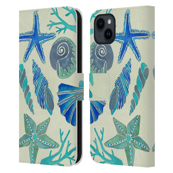 Cat Coquillette Sea Seashells Blue Leather Book Wallet Case Cover For Apple iPhone 15 Plus