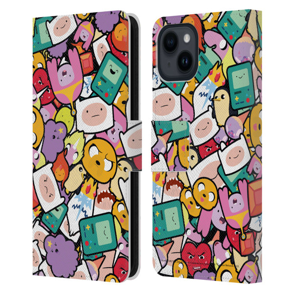Adventure Time Graphics Pattern Leather Book Wallet Case Cover For Apple iPhone 15