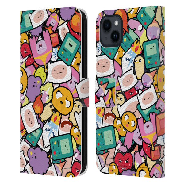 Adventure Time Graphics Pattern Leather Book Wallet Case Cover For Apple iPhone 15 Plus