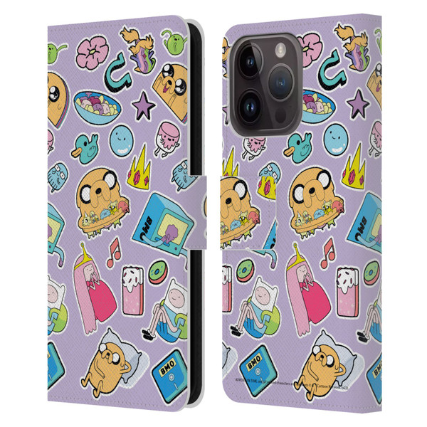 Adventure Time Graphics Icons Leather Book Wallet Case Cover For Apple iPhone 15 Pro