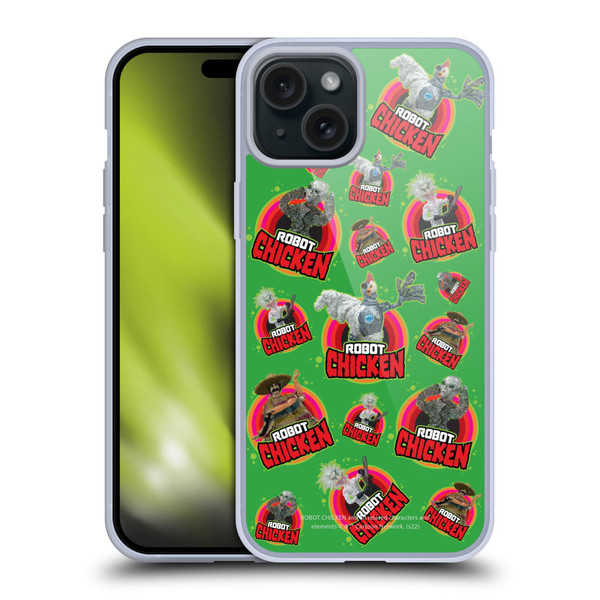 Robot Chicken Graphics Icons Soft Gel Case for Apple iPhone 15 Plus