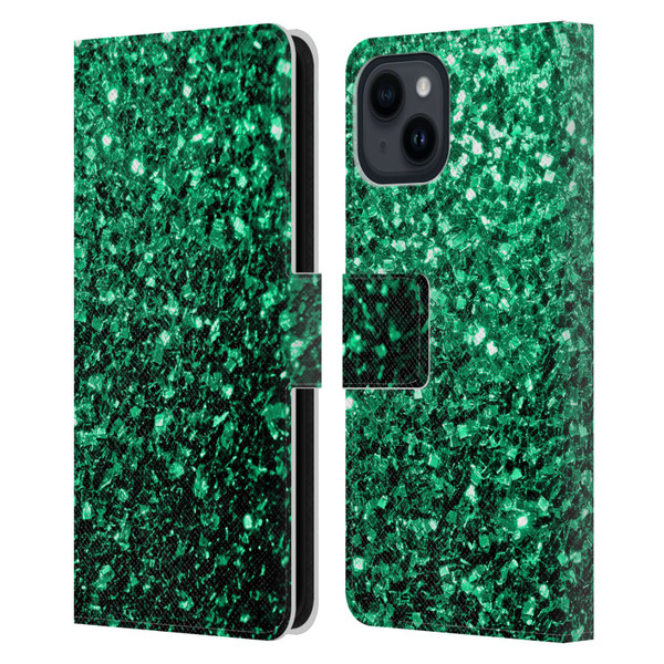 PLdesign Glitter Sparkles Emerald Green Leather Book Wallet Case Cover For Apple iPhone 15