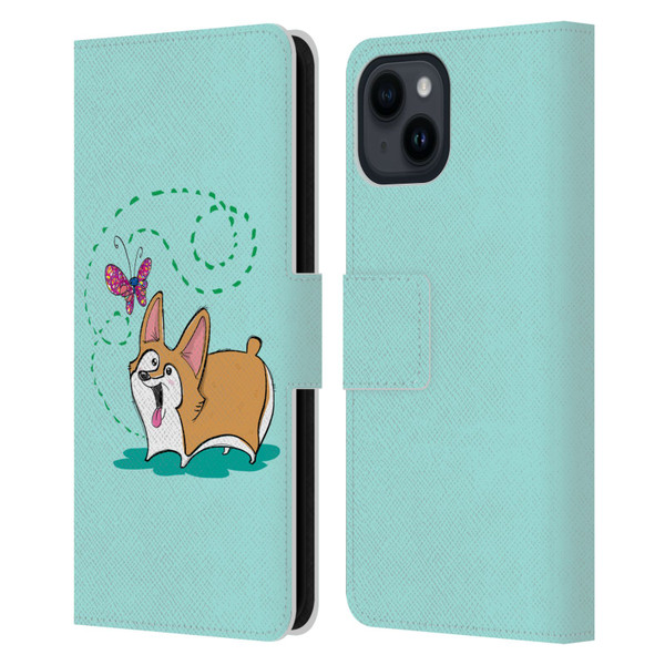 Grace Illustration Dogs Corgi Leather Book Wallet Case Cover For Apple iPhone 15
