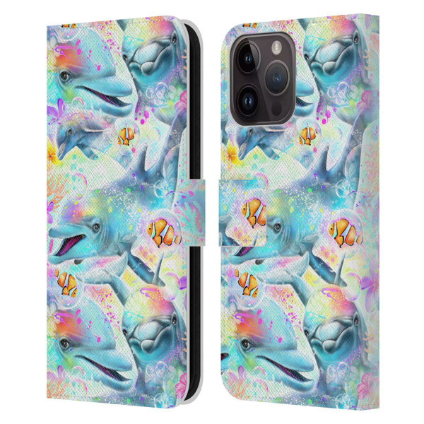 Sheena Pike Animals Rainbow Dolphins & Fish Leather Book Wallet Case Cover For Apple iPhone 15 Pro Max