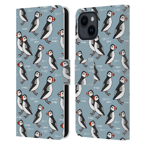 Andrea Lauren Design Birds Puffins Leather Book Wallet Case Cover For Apple iPhone 15