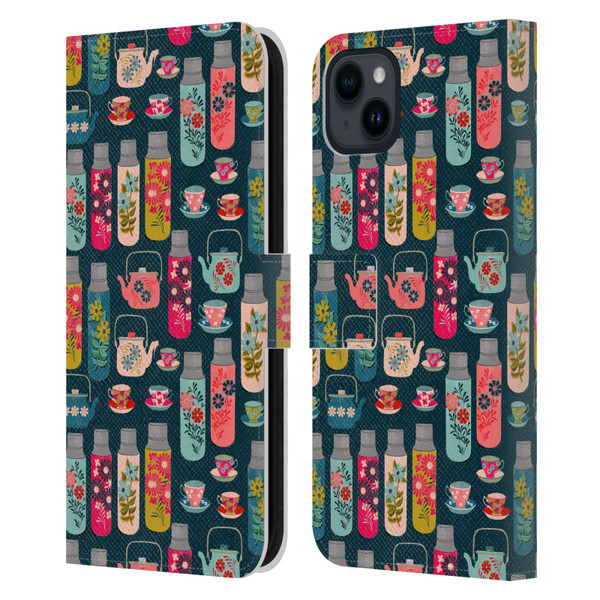 Andrea Lauren Design Food Pattern Jars & Teacups Leather Book Wallet Case Cover For Apple iPhone 15 Plus