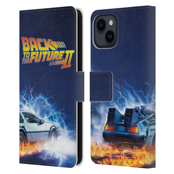 Back to the Future II Key Art Delorean Leather Book Wallet Case Cover For Apple iPhone 15