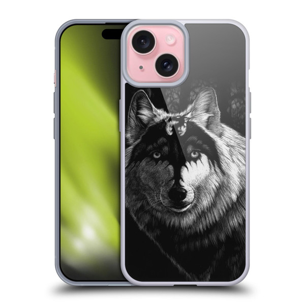 Stanley Morrison Black And White Gray Wolf With Dragon Marking Soft Gel Case for Apple iPhone 15