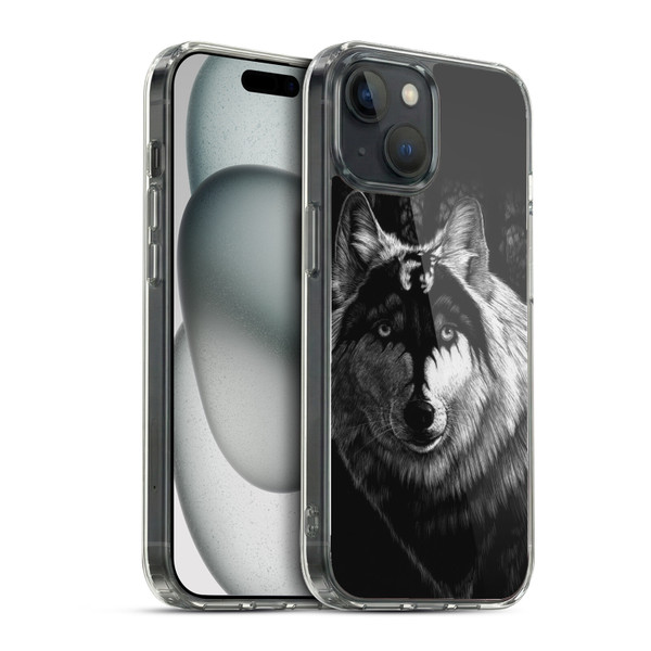 Stanley Morrison Black And White Gray Wolf With Dragon Marking Soft Gel Case for Apple iPhone 15 & MagSafe