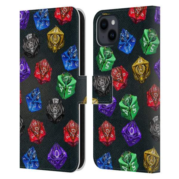 Stanley Morrison Art Six Dragons Gaming Dice Set Leather Book Wallet Case Cover For Apple iPhone 15 Plus