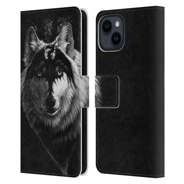 Stanley Morrison Black And White Gray Wolf With Dragon Marking Leather Book Wallet Case Cover For Apple iPhone 15