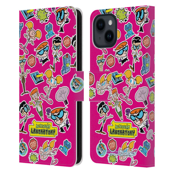 Dexter's Laboratory Graphics Icons Leather Book Wallet Case Cover For Apple iPhone 15