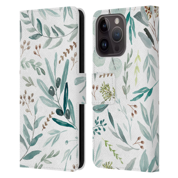 Anis Illustration Bloomers Eucalyptus Leather Book Wallet Case Cover For Apple iPhone 15 Pro