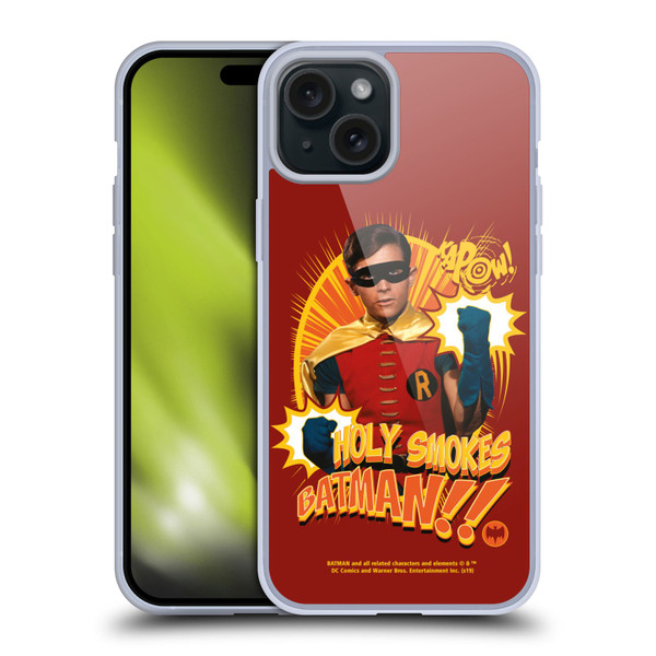 Batman TV Series Character Art Robin Holy Smokes Soft Gel Case for Apple iPhone 15 Plus