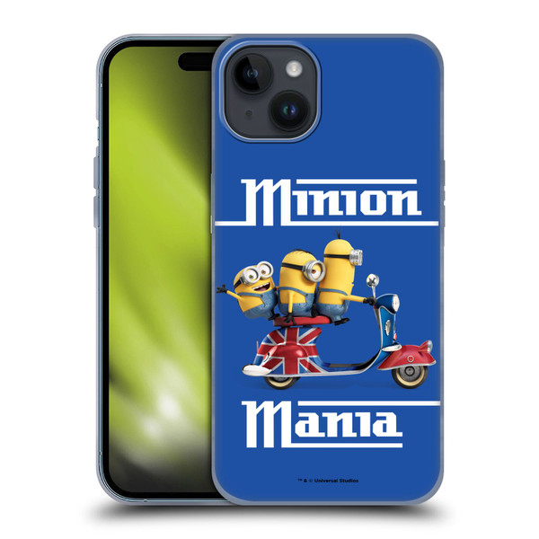 Minions Minion British Invasion Union Jack Scooter Soft Gel Case for Apple iPhone 15 Plus
